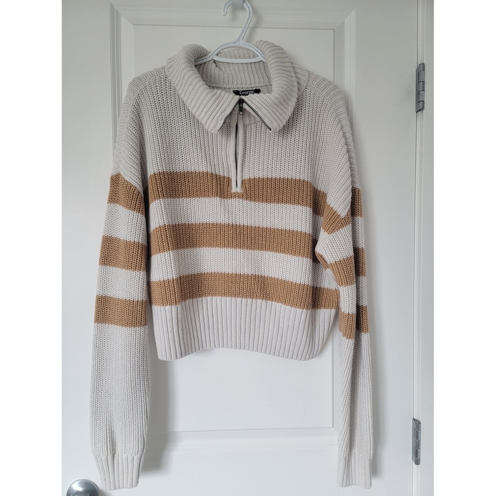 George Cream and Tan Striped Zip Funnel Pullover